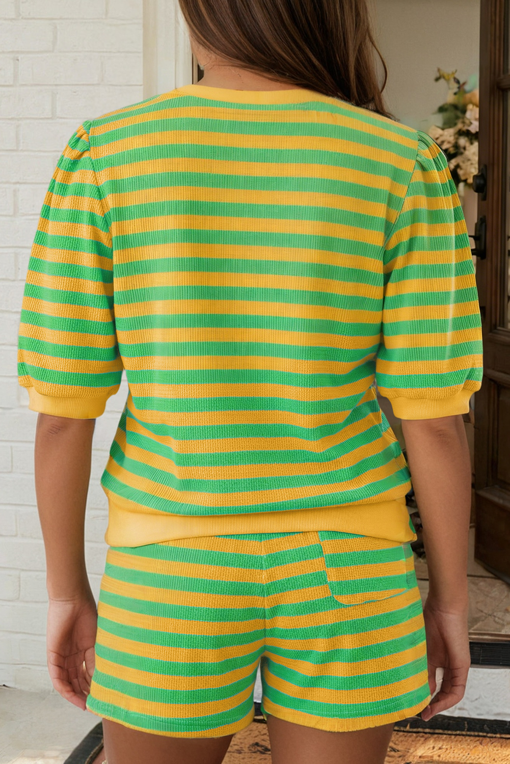 Stripe Puff Sleeve T Shirt Matching Shorts Set