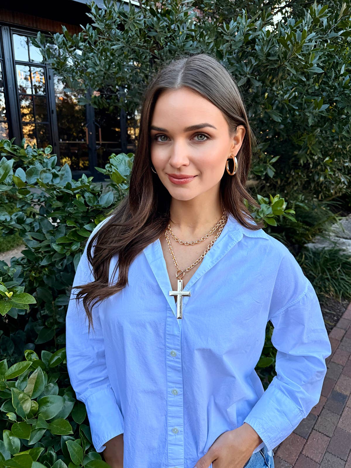 Charlotte Cross Toggle Front Necklace in Shiny Gold