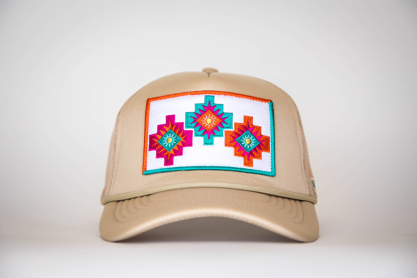 Khaki Trucker Cap with 3 Aztec symbol Embroidered Patch