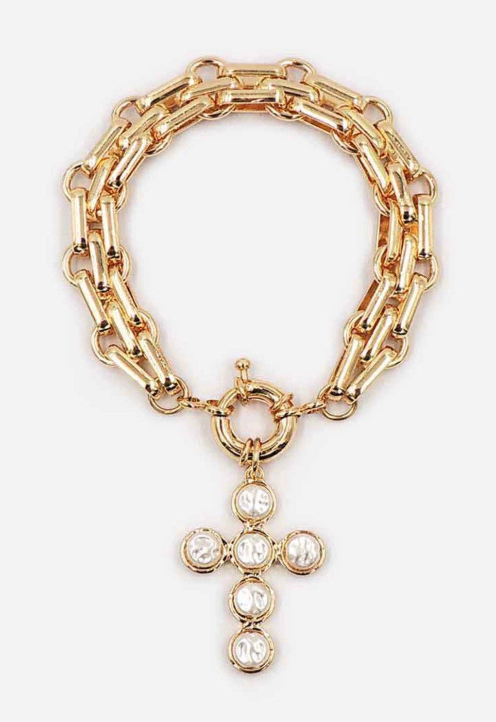 Gold Multi Chain with Freshwater Pearl Cross Charm Bracelet