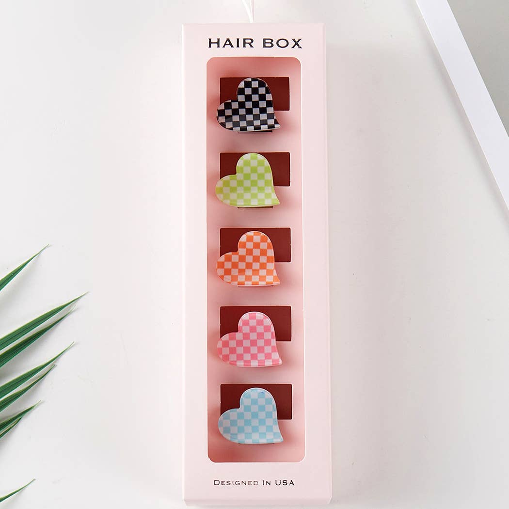 Checkered Heart Assorted Color Claw Hair Clip Set