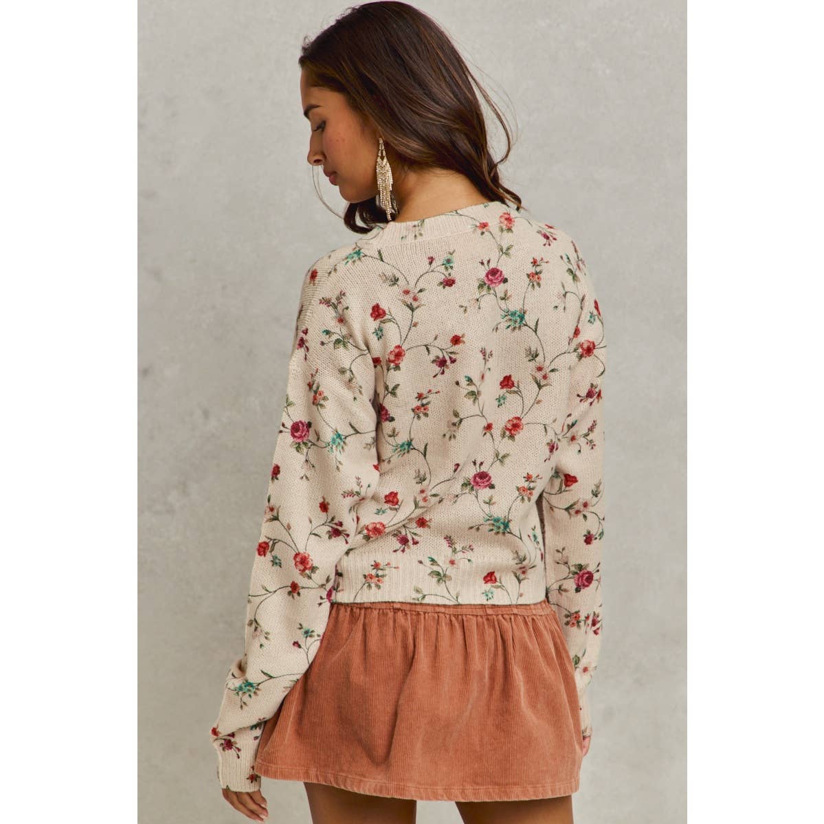 FLORAL PRINT CREWNECK SWEATER KNIT TOP