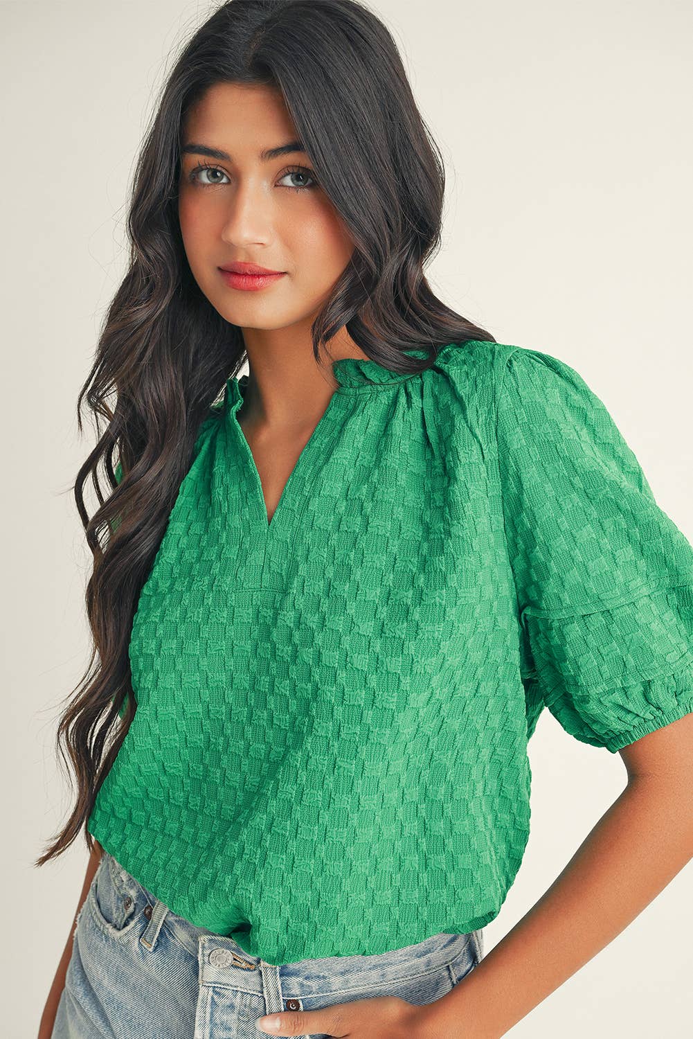 LDC Textured Puff Short Sleeve Notched V Neck Top