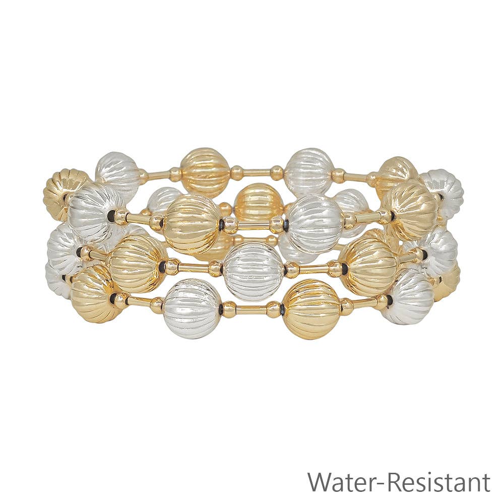 Set of 3 10MM Gold and Silver Textured Beaded Stretch Bracelets