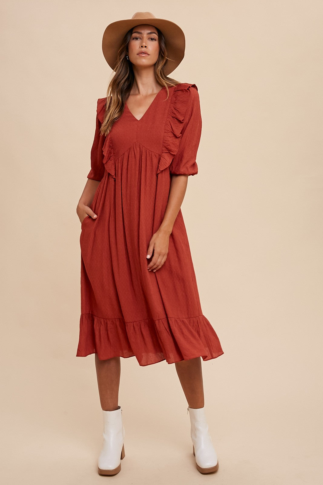 Rust Tencel Ruffle Detail Babydoll Woven Midi Dress