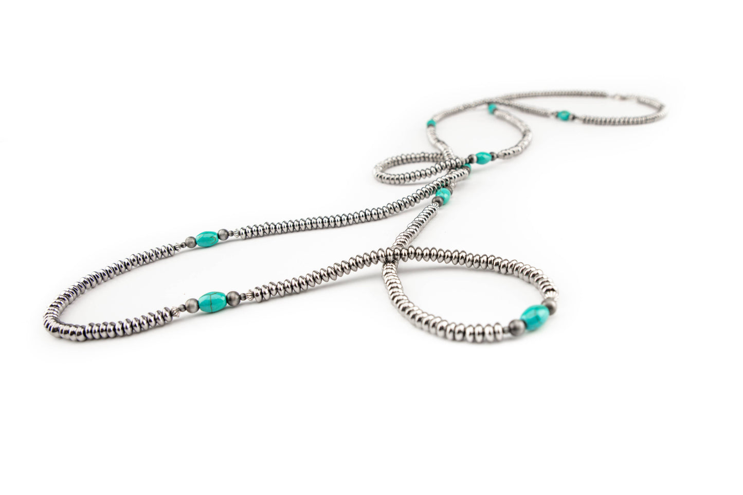 66"Silver Disc Bead Necklace w/Green Turquoise Beaded Accent