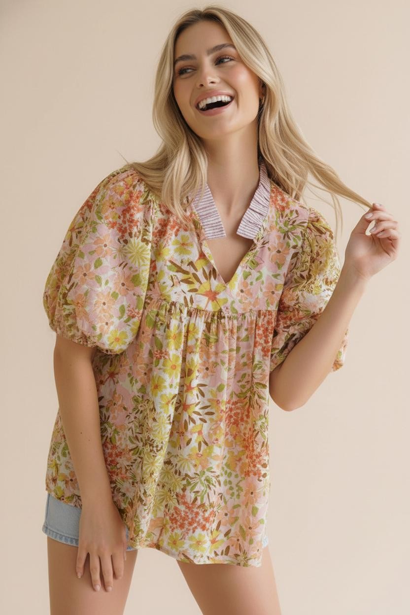 Stripe Color Block Floral Puff Blouse