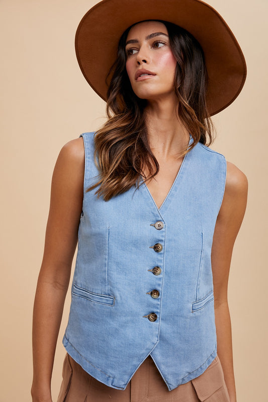 Light Denim Stretch Denim Button Down Vest