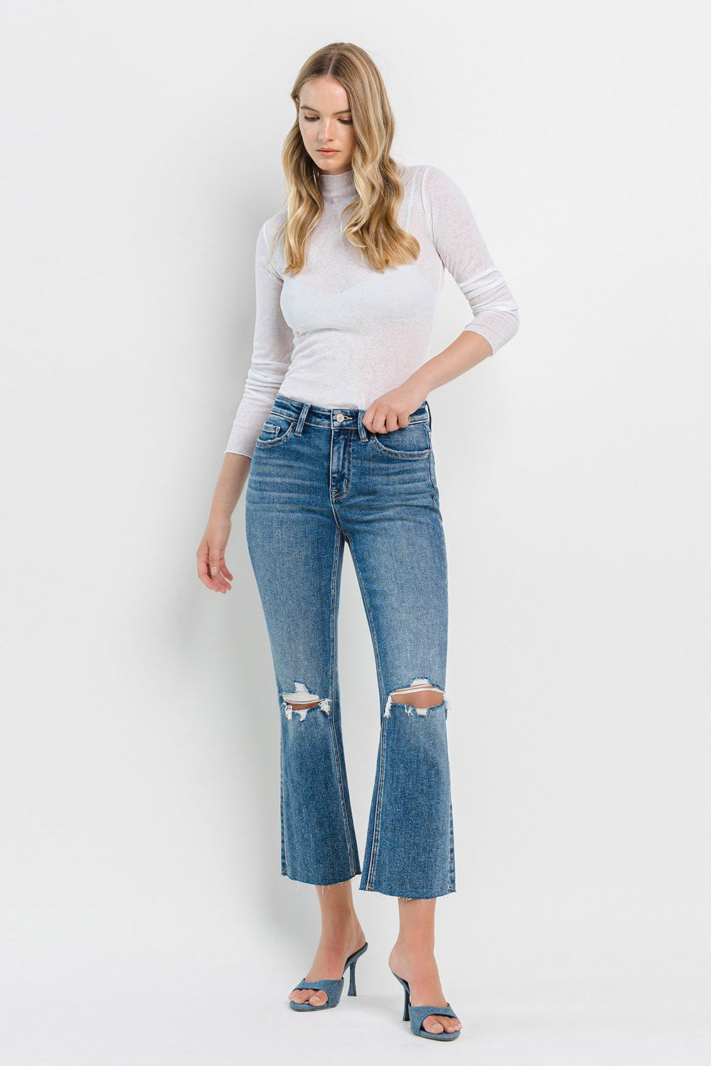 VERVET High Rise Clean Cut Raw Hem Crop Flare Jeans