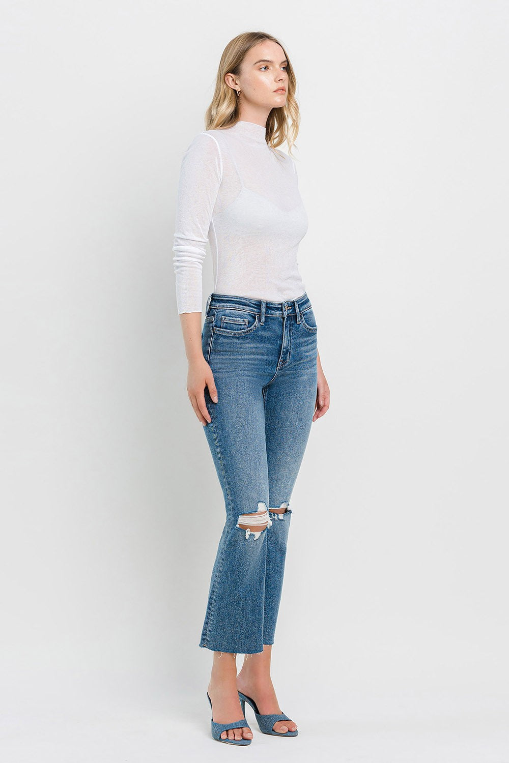 VERVET High Rise Clean Cut Raw Hem Crop Flare Jeans