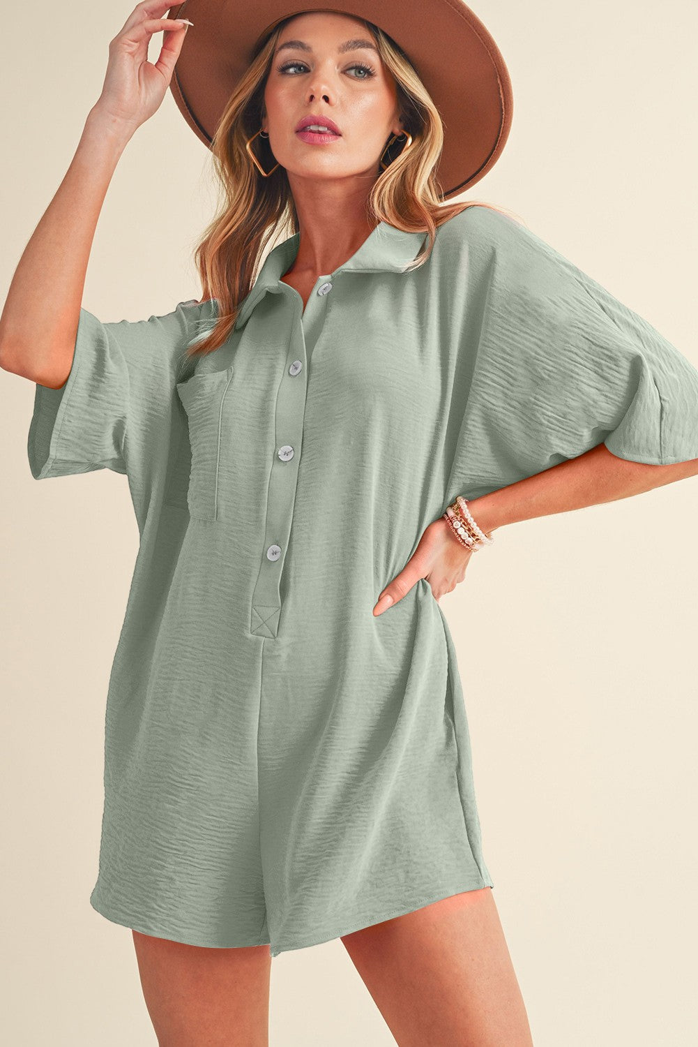 Half Button Collared Loose Romper