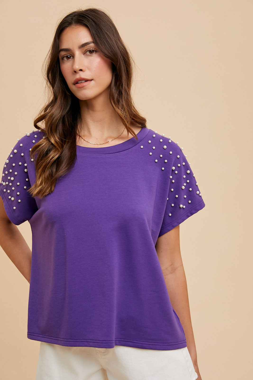 Game Day Pearl Embellished Dolman Sleeve Knit Top