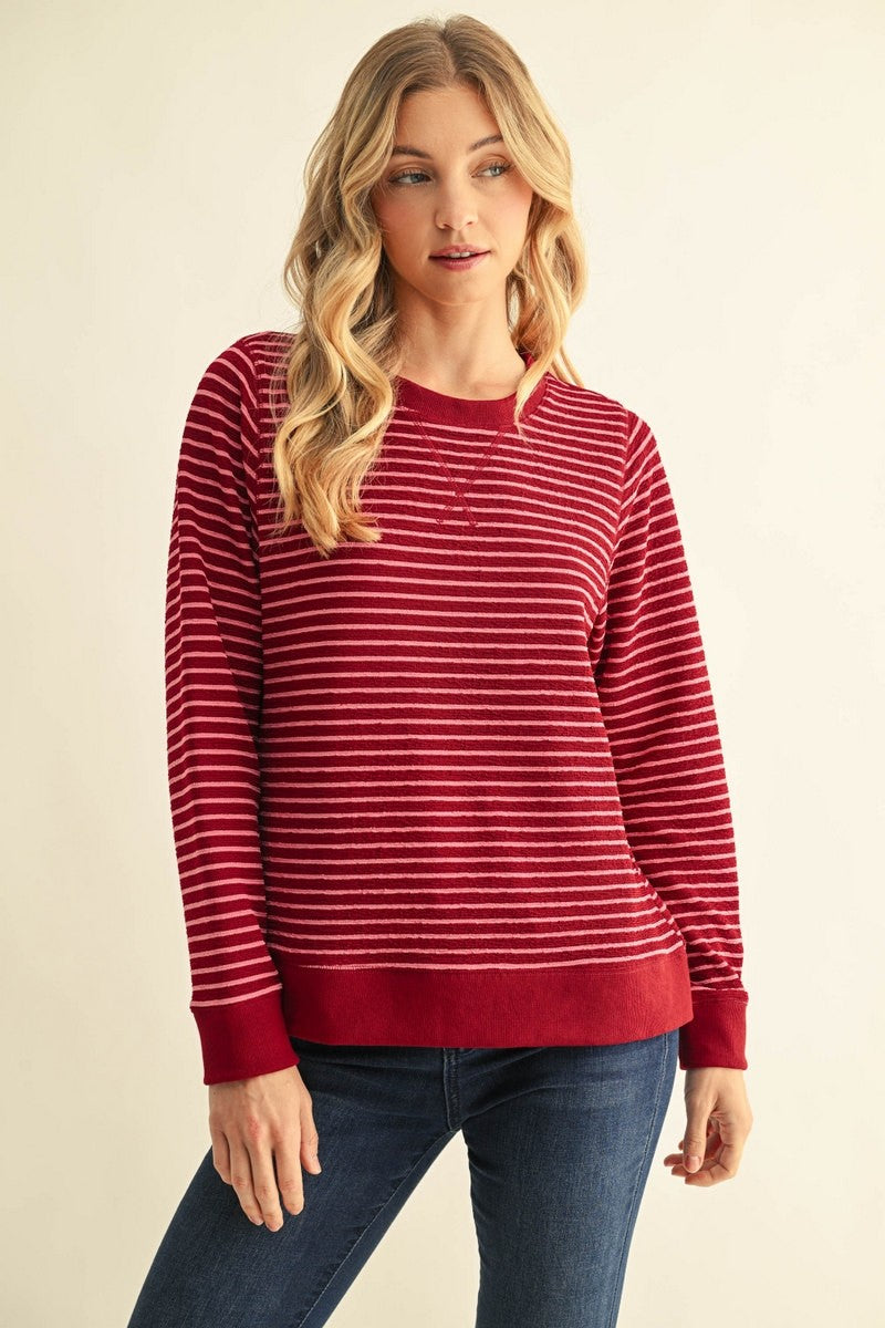 V Notched Neck Textured Stripe Sweatshirt