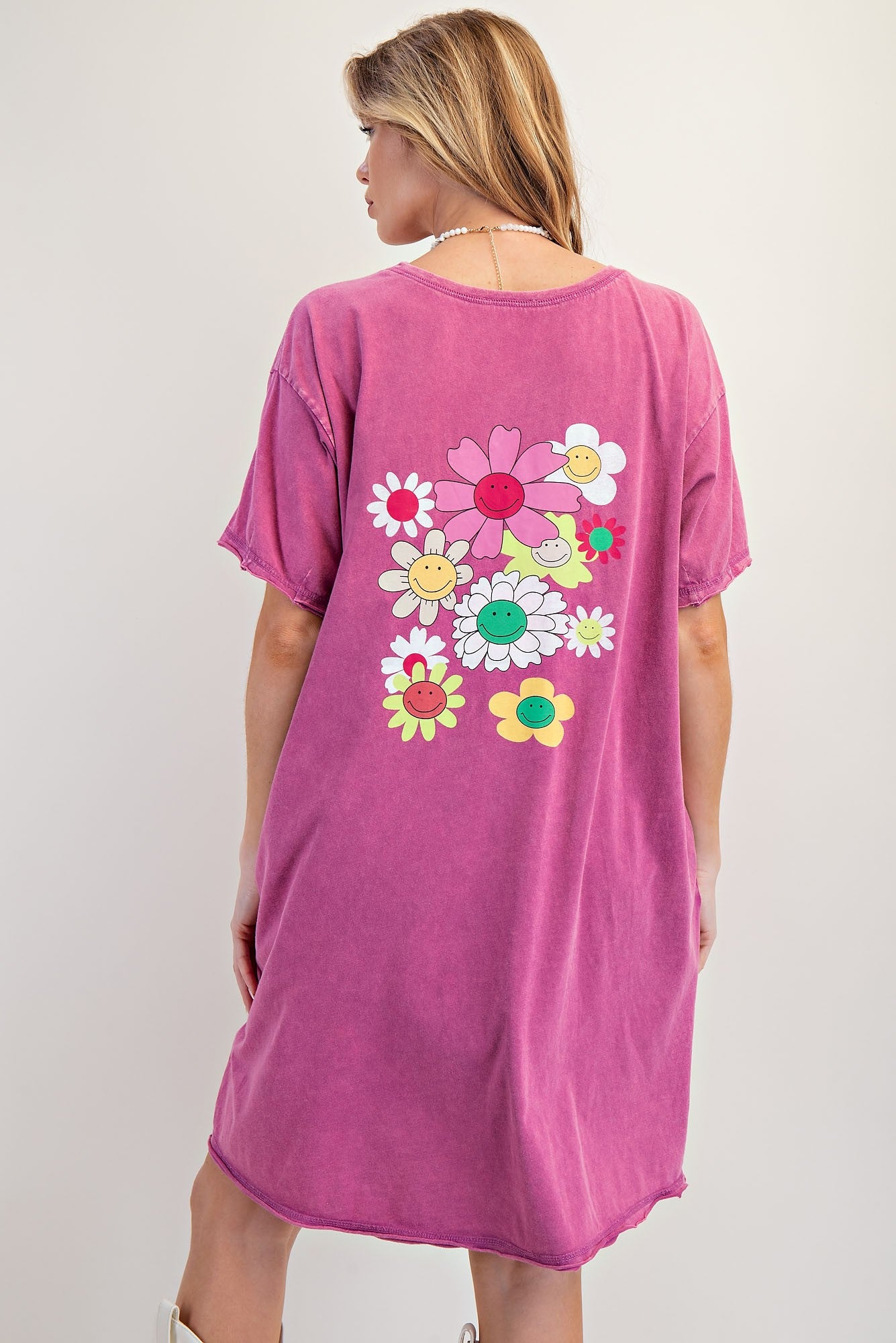 Silk Screen Floral Print Washed Tunic Dress
