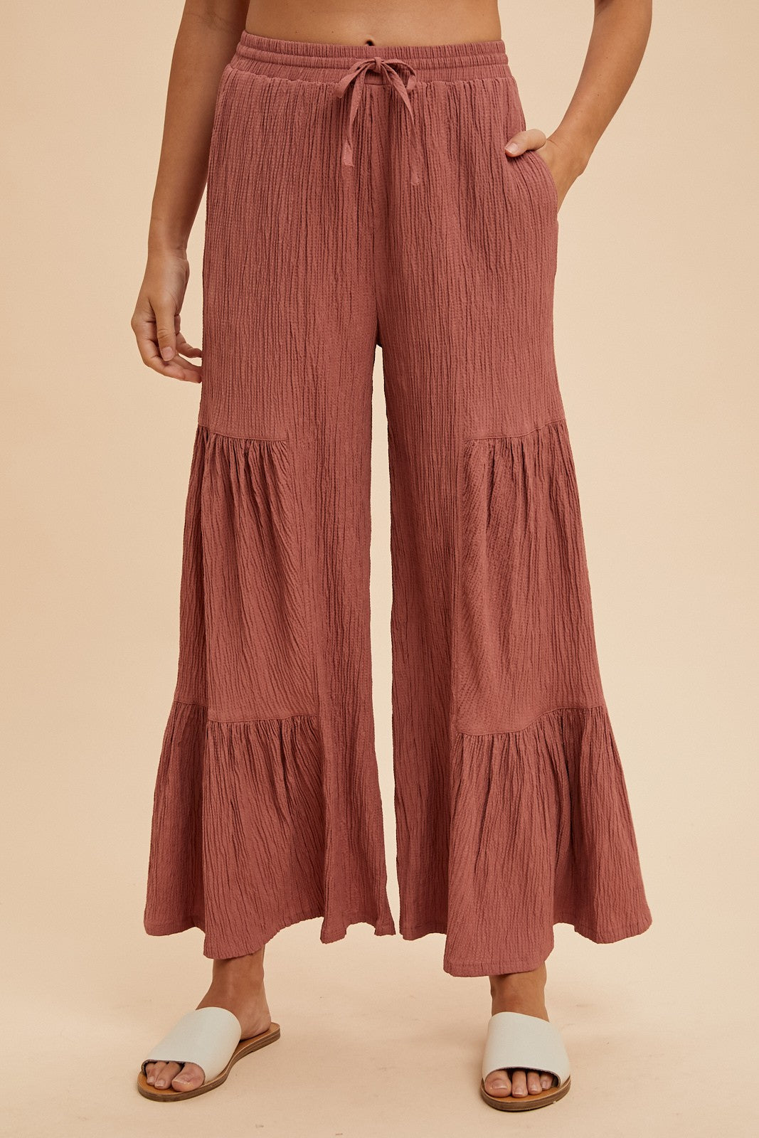 Textured Woven Tiered Detail Wide Pants