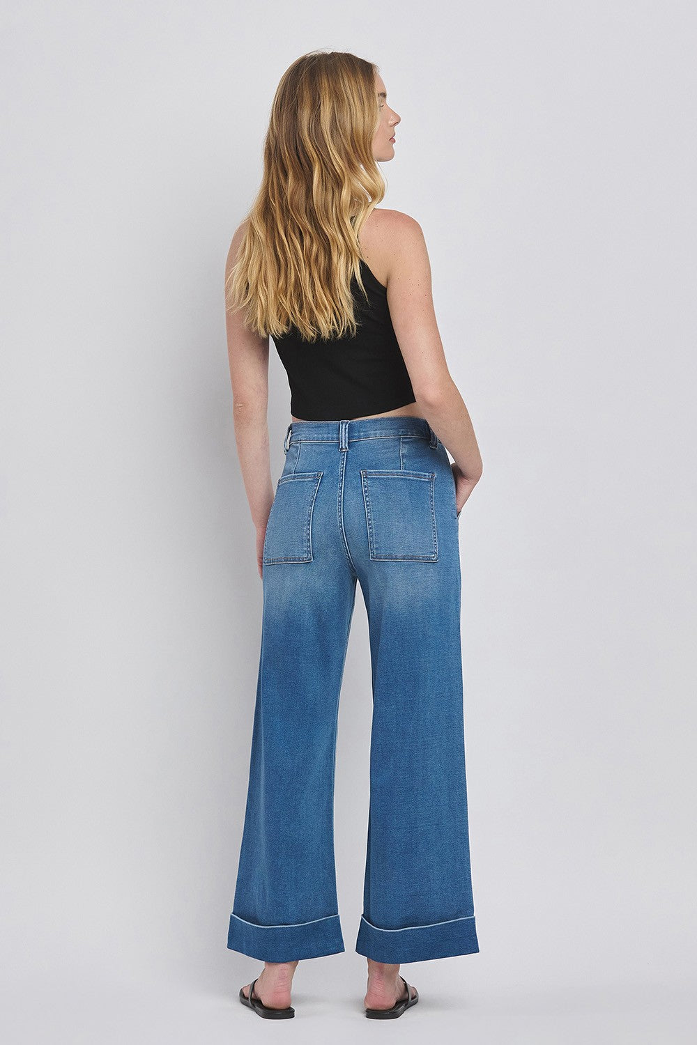 High Rise Double Cuffed Baggy Wide Jeans