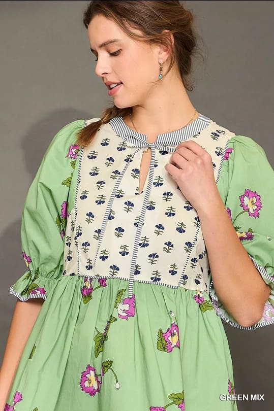 Green Mix Baby Doll Mini Dress