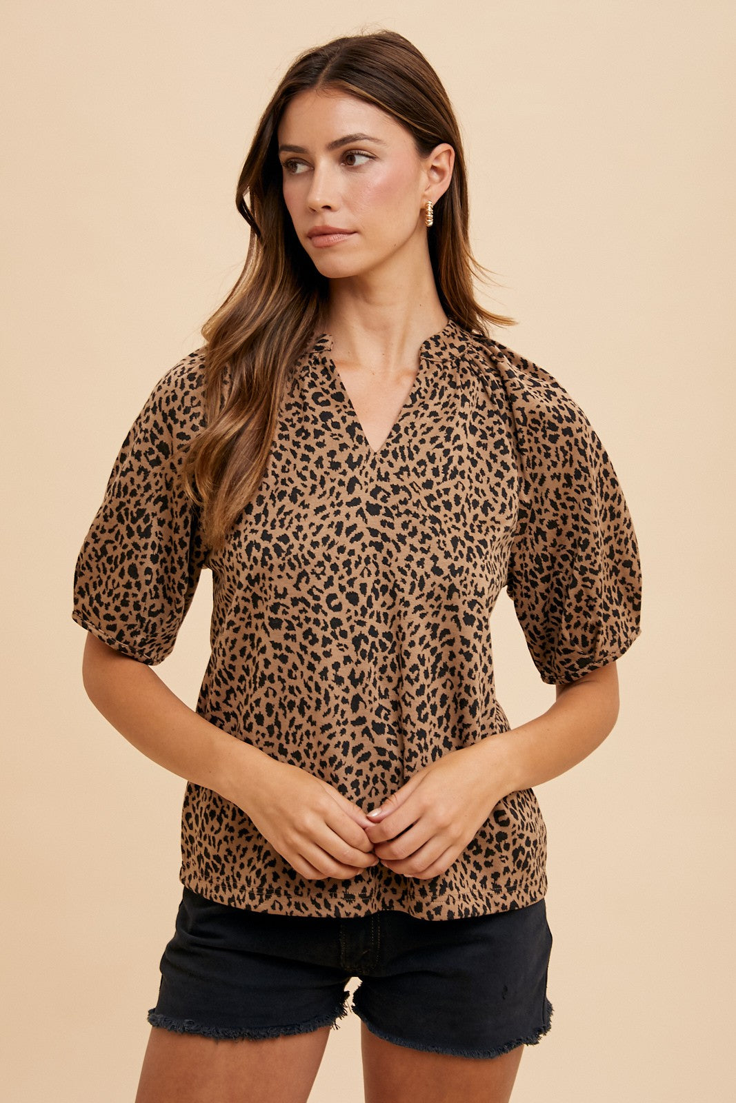 Animal Print Knit Volume Sleeve Blouse