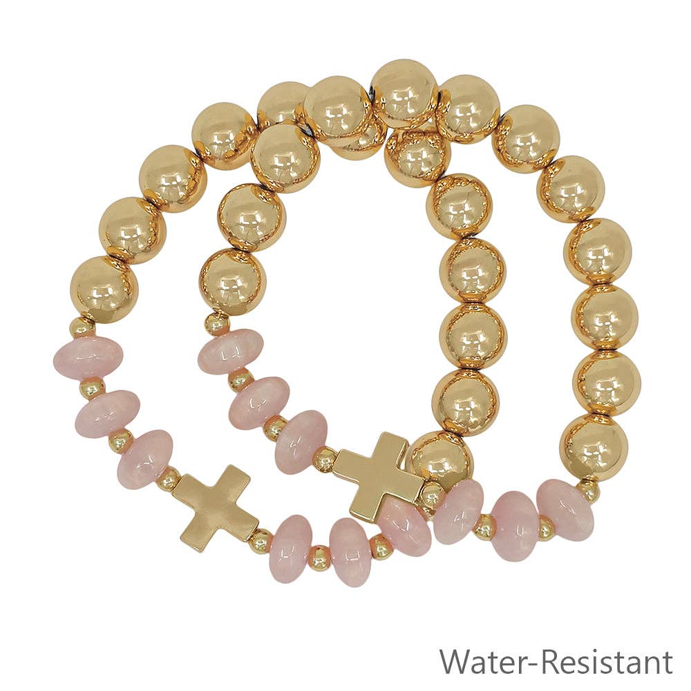 Set of 2 Gold Beaded with Pink Crystals and Gold Cross Stretch Bracelets