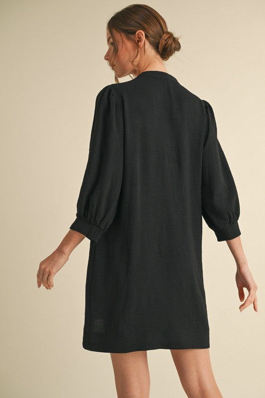 Black Solid 3/4 Peasant Sleeves Dress