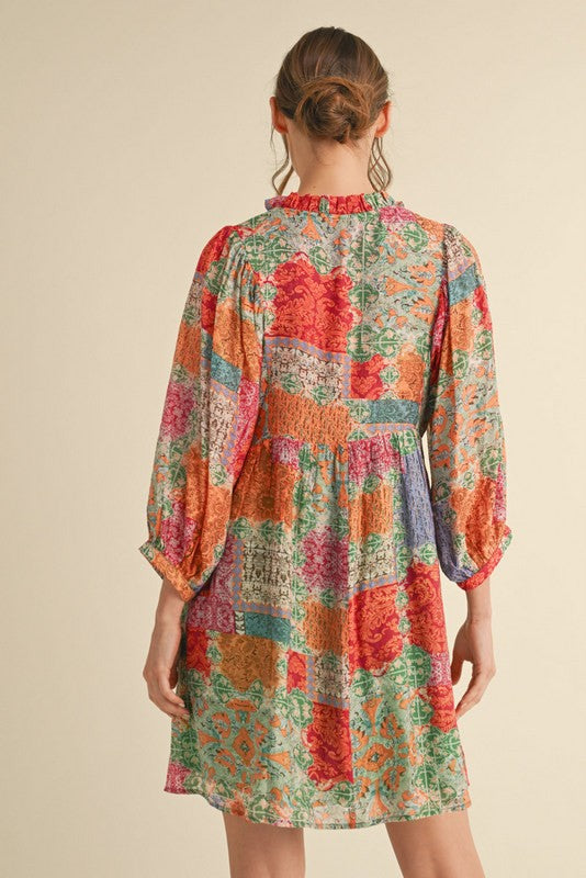 Lavender Multicolor Print 3/4 Sleeves Dress