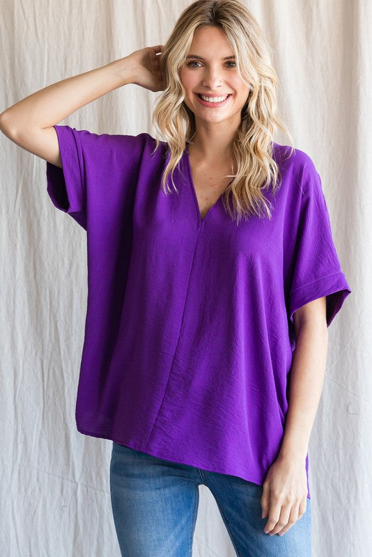 Solid V-neck Boxy Top