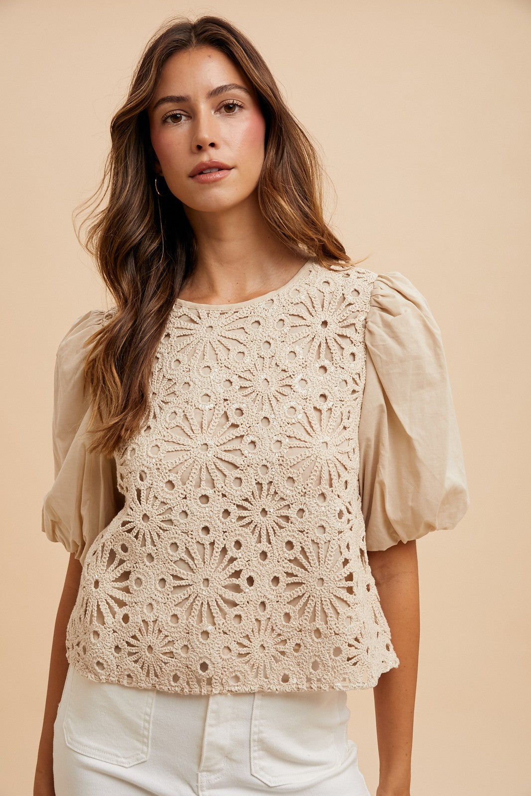 Mix Media Sequin Crochet Bodice Woven Blouse