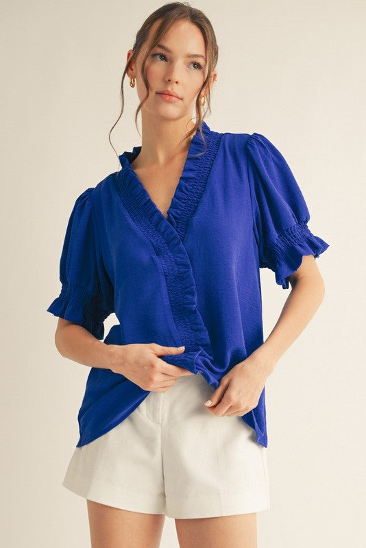 Solid Smocked Frilled V-neck Top