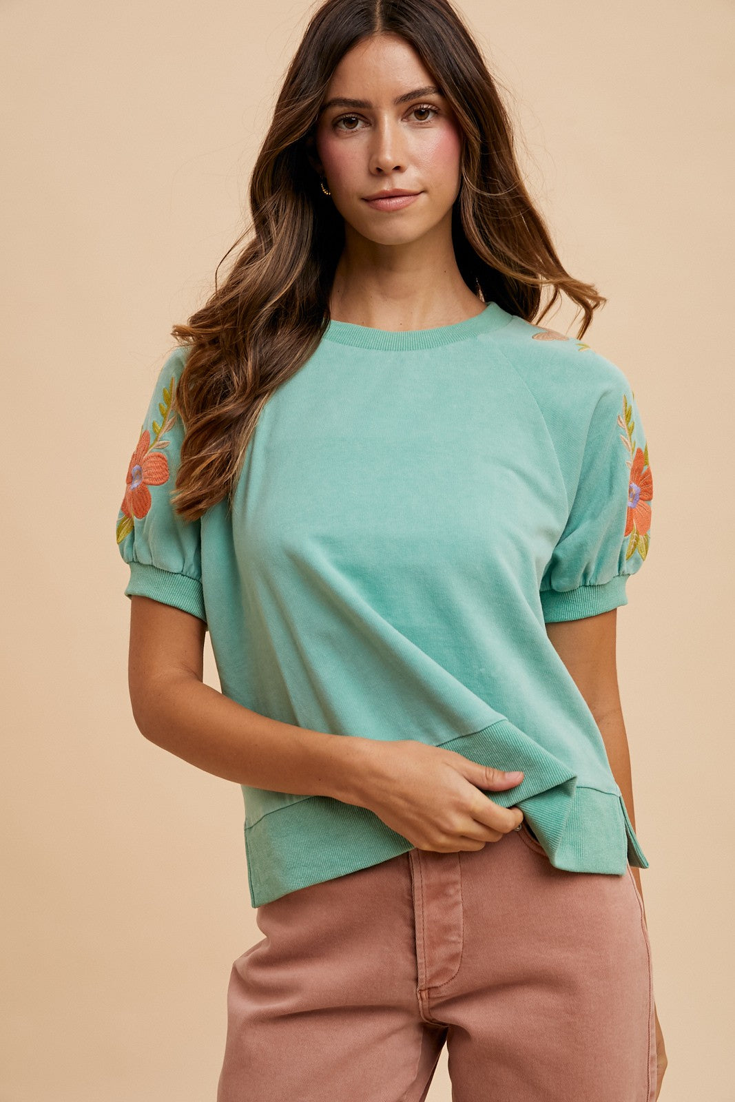 Mineral Wash Embroidered Bubble Sleeve Sweatshirt