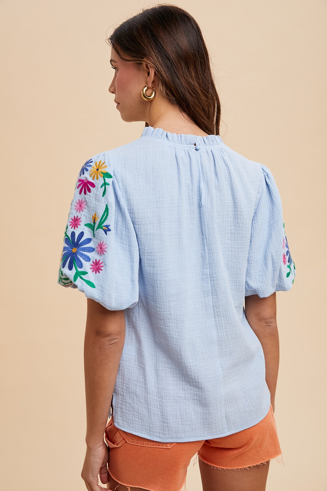 Embroidered Balloon Sleeve Cotton Gauze Blouse