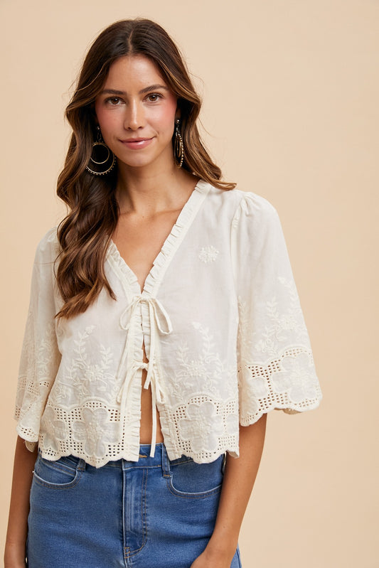 Ivory Floral Embroidery Tie Front Blouse