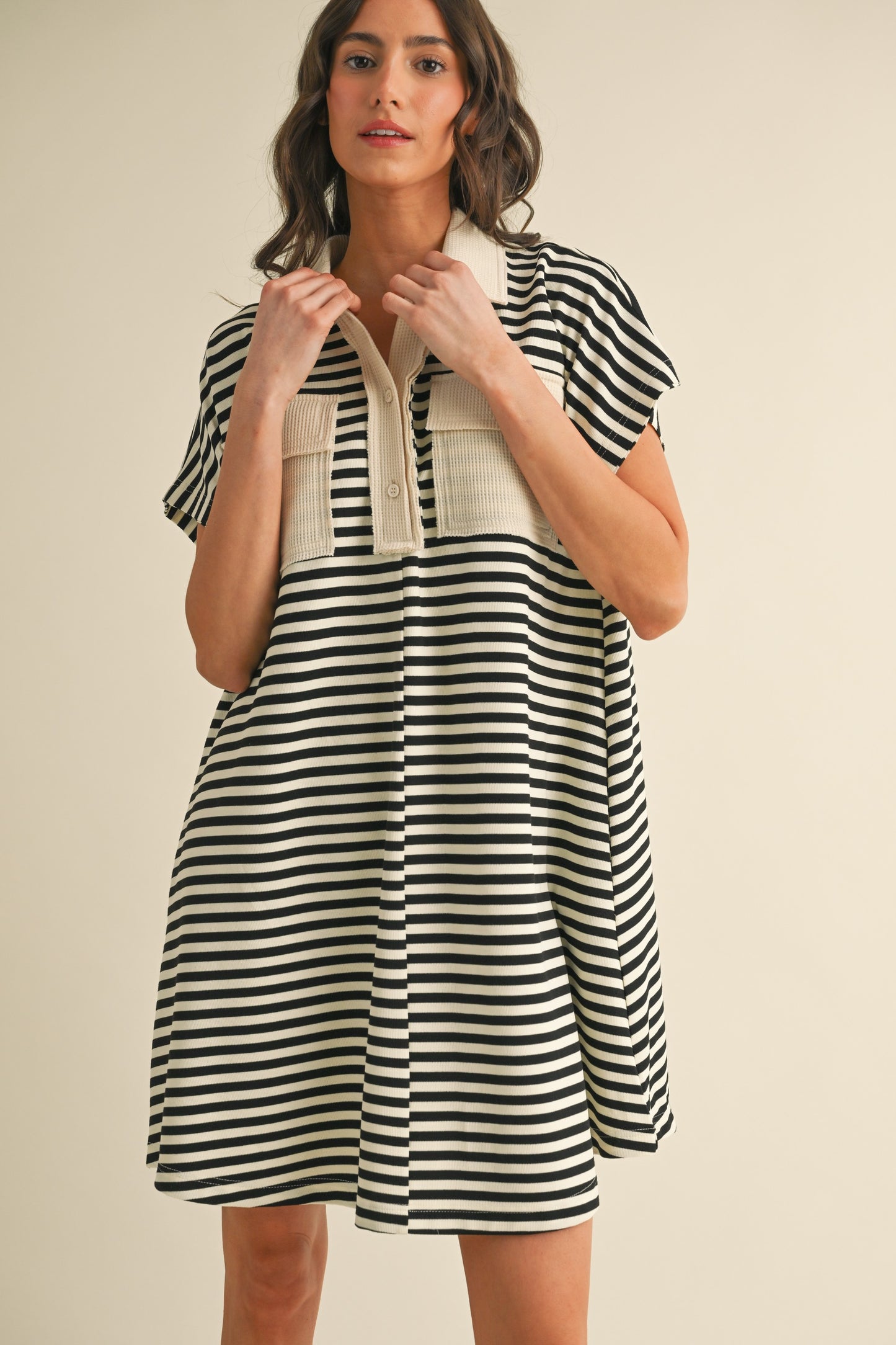 Striped Short Dolman Sleeve Knit Polo Dress