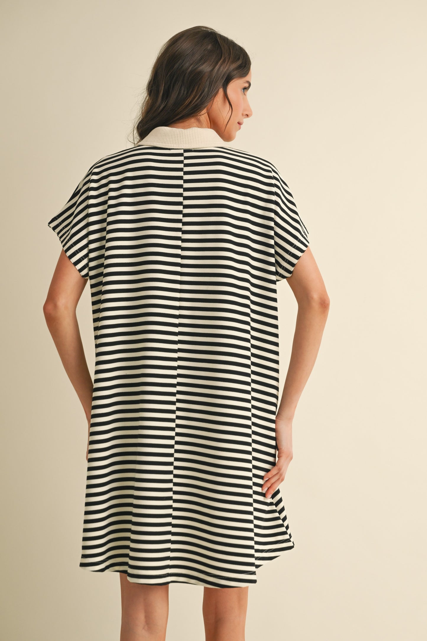 Striped Short Dolman Sleeve Knit Polo Dress