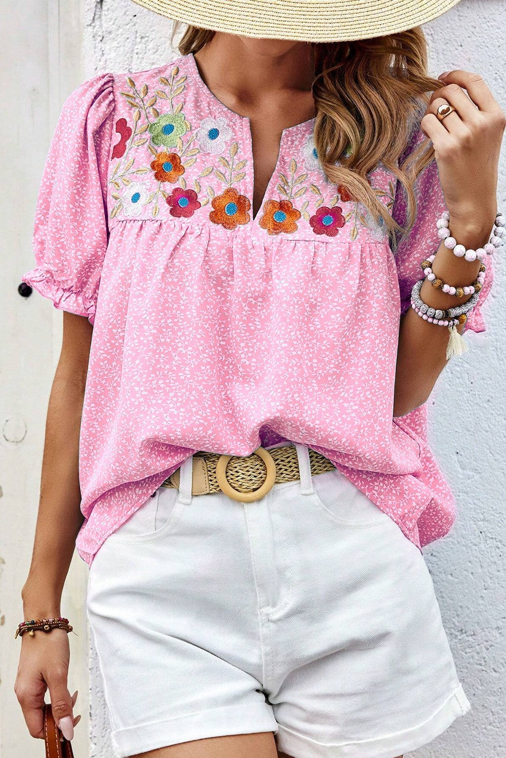 Floral Embroidered Puff Sleeve Notched Blouse