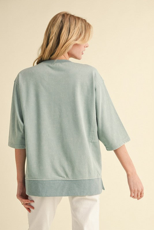Sage Flower Embroidery 3/4 Dolman Sleeves Top