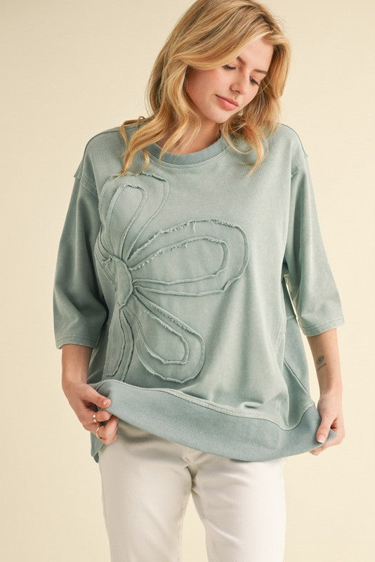 Sage Flower Embroidery 3/4 Dolman Sleeves Top