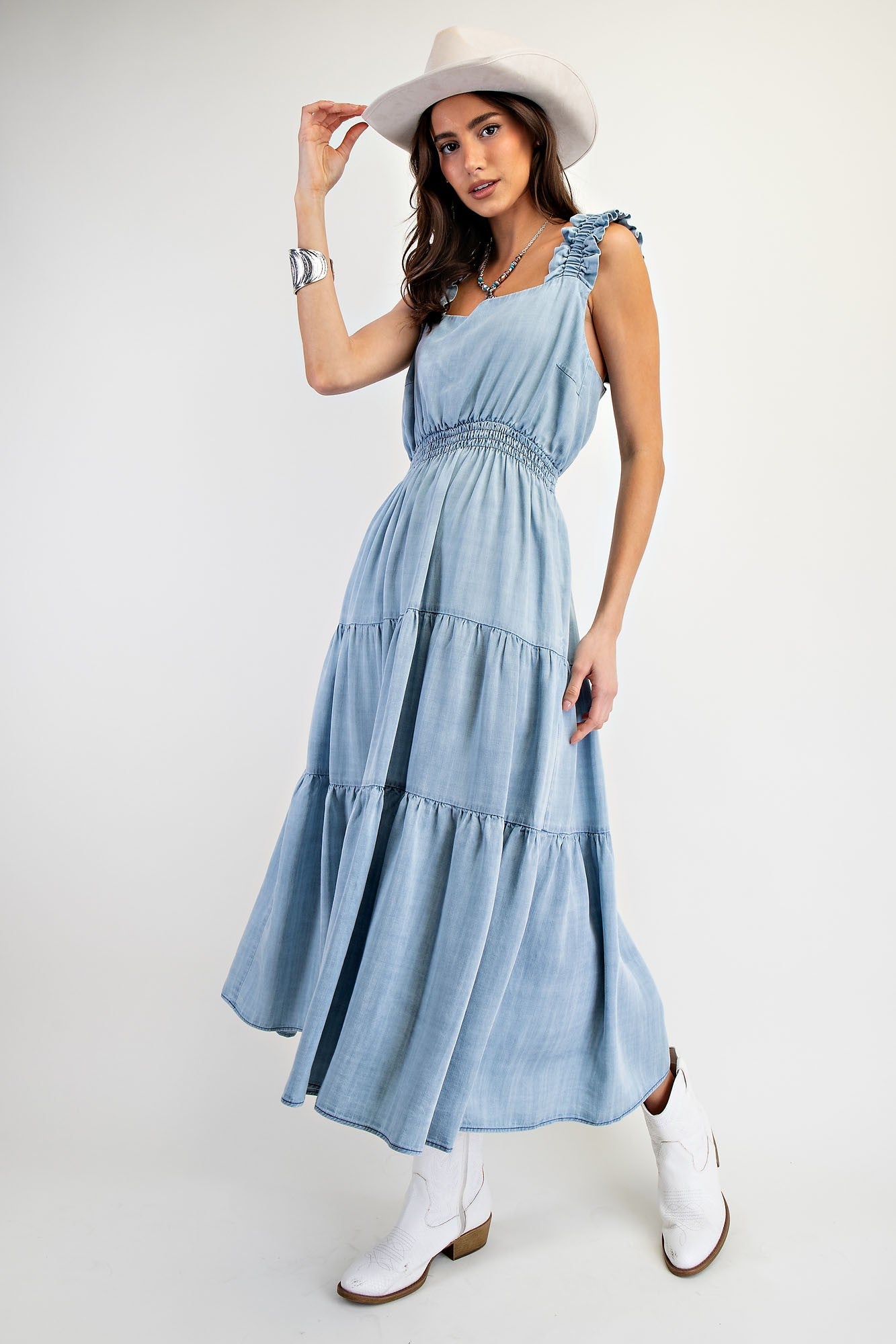 Washed Chambray Tiered Maxi Dress