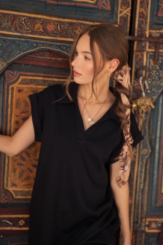 Solid Collared Midi Dress With Pockets