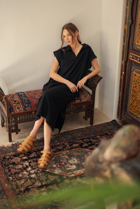 Solid Collared Midi Dress With Pockets