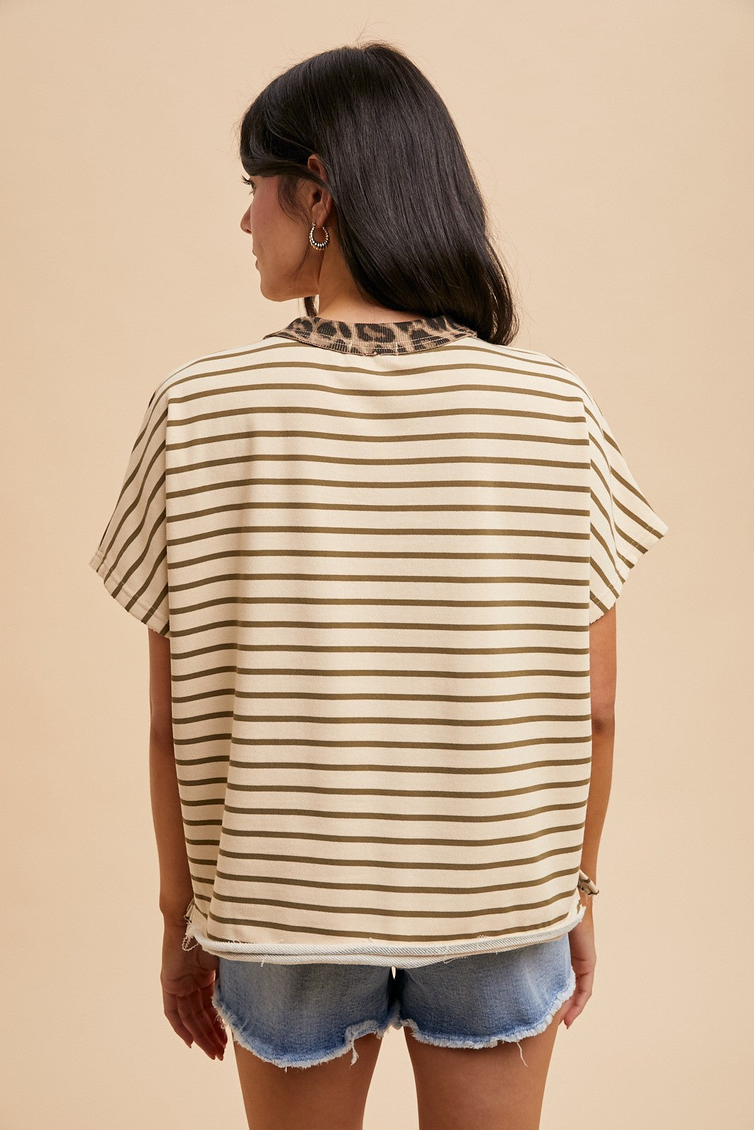 Leopard Neck Rib Detail Striped French Terry Top