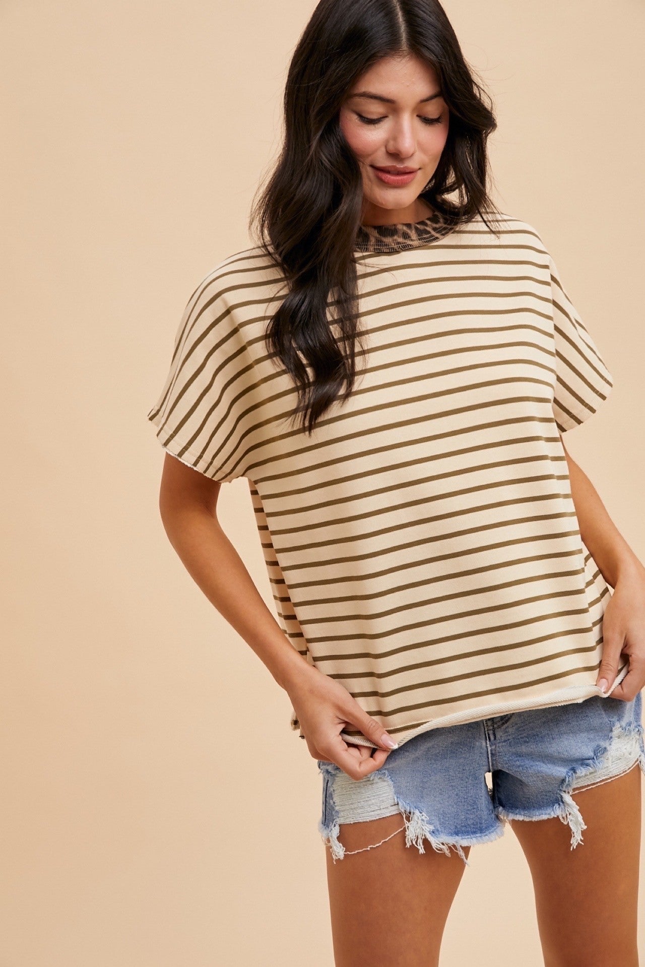 Leopard Neck Rib Detail Striped French Terry Top