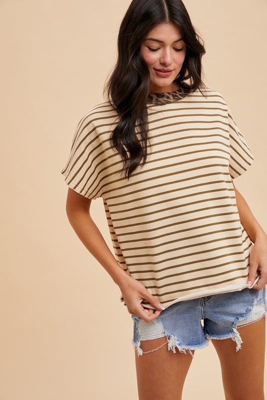 Leopard Neck Rib Detail Striped French Terry Top
