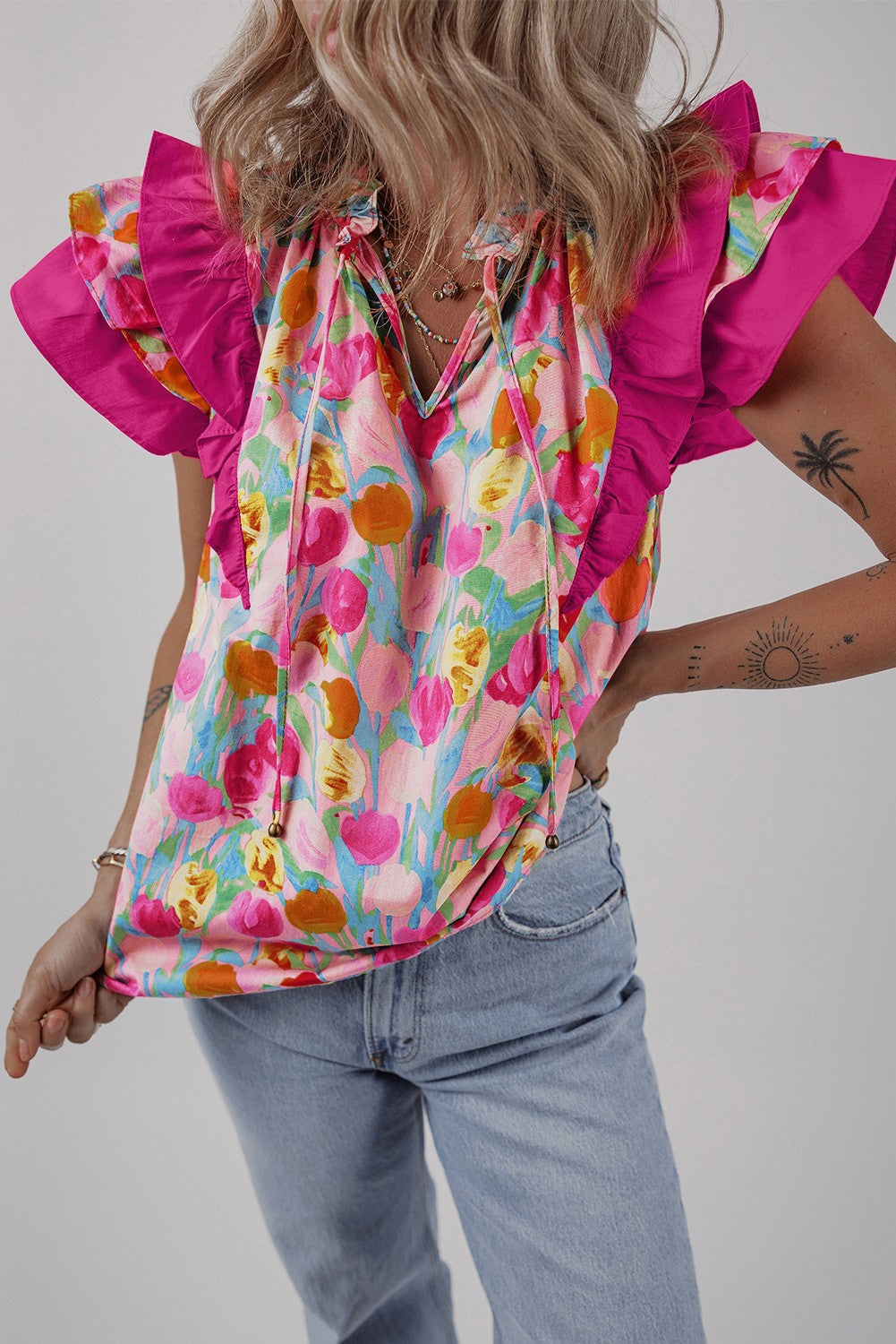 Floral Layered Ruffle Flutter Sleeve V Neck Blouse