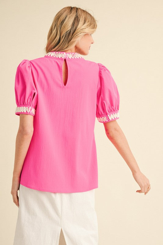 Hot Pink Solid Puffed Short Sleeves Top