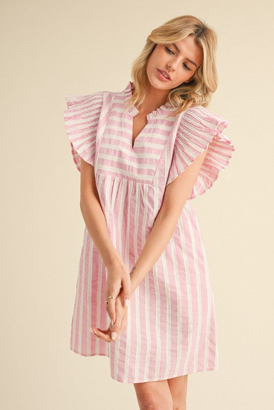 Stripes Cotton Ruffly Dress With Pockets