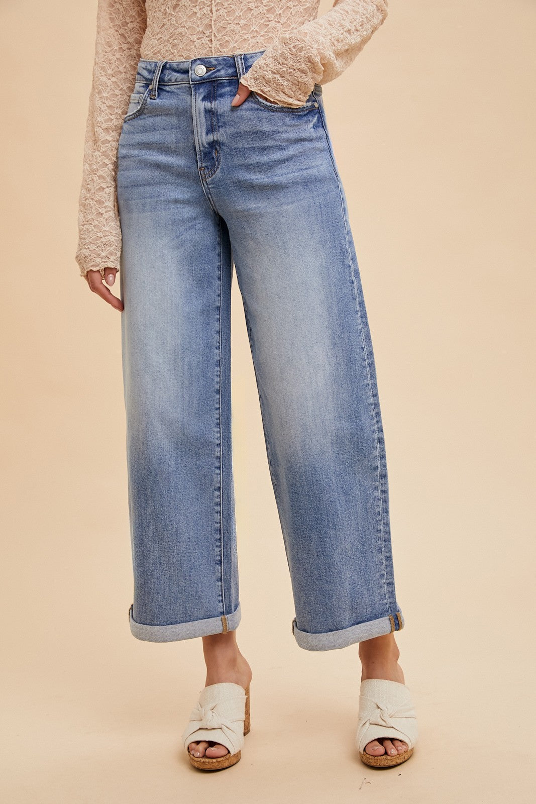 Stretch High Rise Wide Leg Roll-up Jean