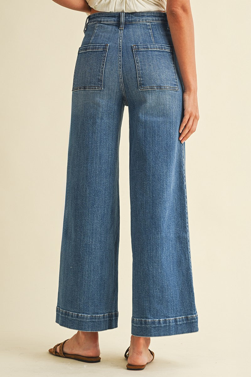 Stretch High Rise Pin Tuck Detail Wide Leg Jean
