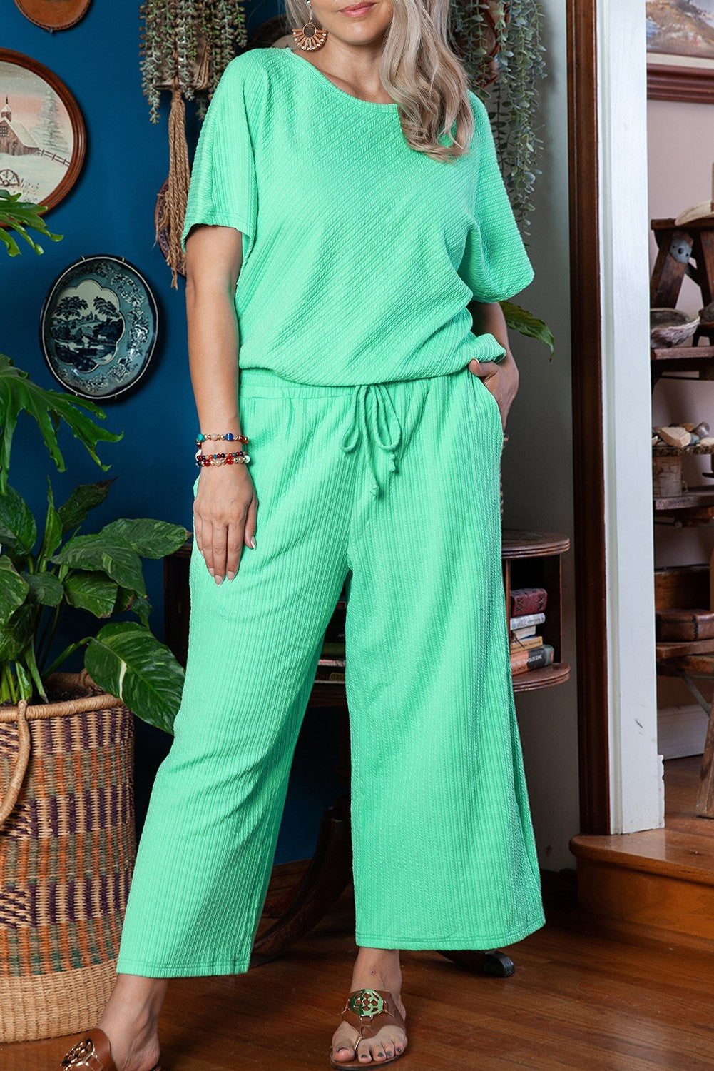 Batwing Sleeve Tee & Wide Leg Pants Plus Size Set