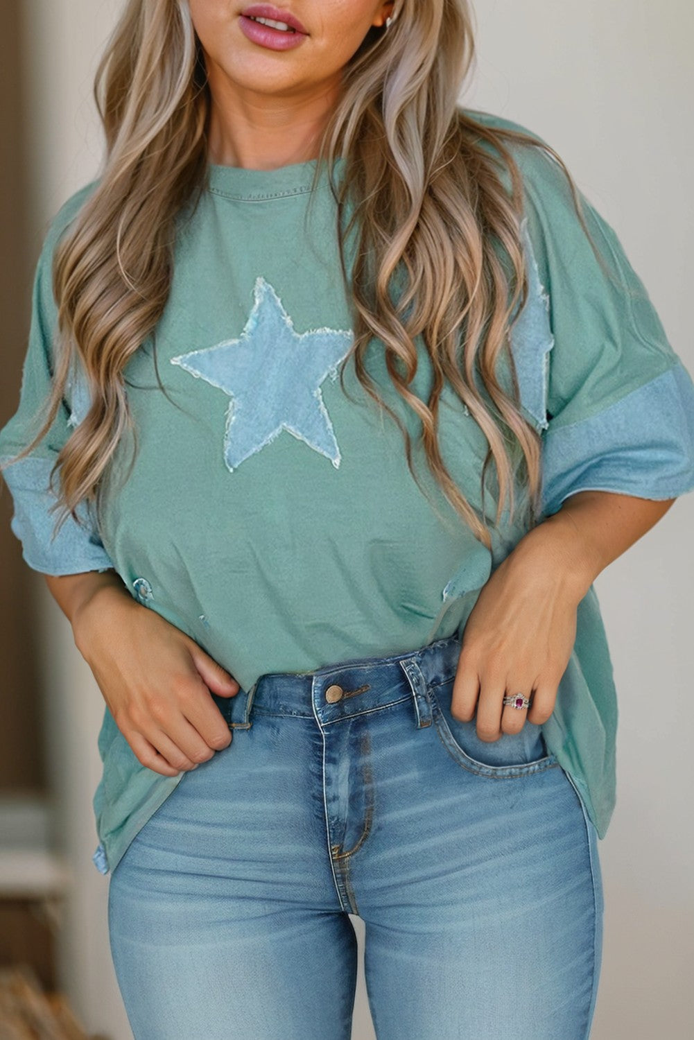 Frayed Star Denim Patchwork Oversize T Shirt