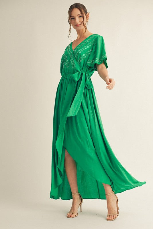 Green Waist Tie Wrap Style Maxi Dress